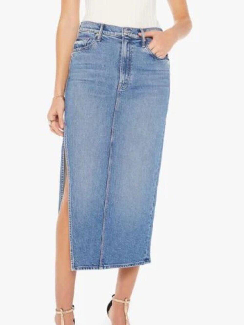 MOTHER The Split Second Strike A Pose Denim Maxi Skirt Blue Side Slit Size 31